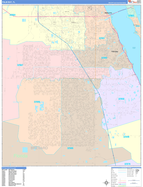 Palm Bay City Wall Map Color Cast Style
